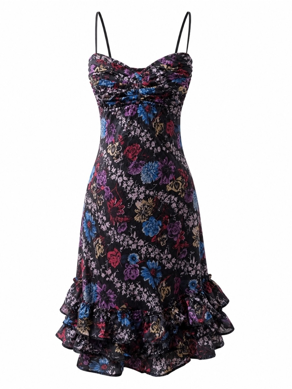 Betsey Johnson Vintage Y2K Silk Floral Ruffles Smocked Tulip Dress Fairy Black 2 - Picture 4 of 16